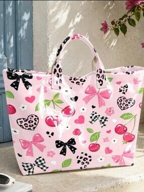 Pink Cherry Leopard PVC Hand Tote Daily Commute Bag